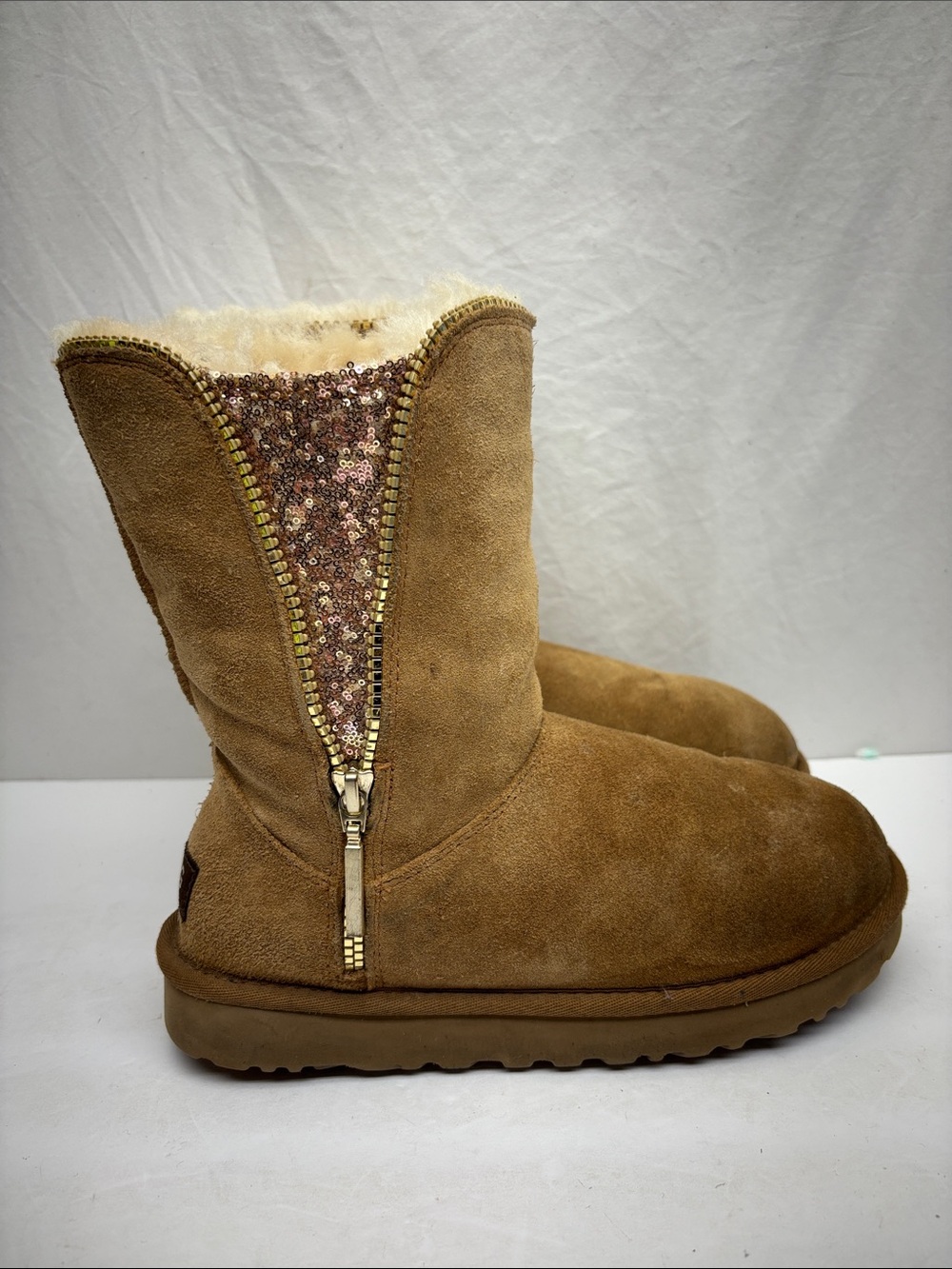 UGG Women's Tan Suede Winter Boots with Sequin Zip Detail, SZ 7, box 89